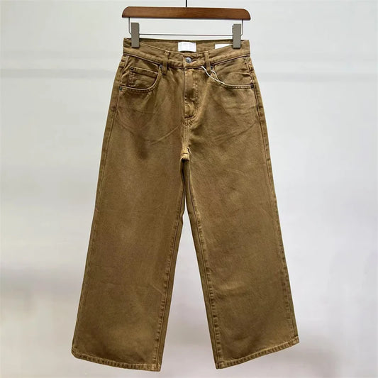 Large Y2K camel denim jeans with a high waist and wide straight legs, perfect for a loose fit | SuzzaneMarket