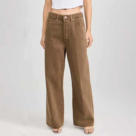 Large Y2K jeans in camel color, high-waisted with wide legs, made of 100% cotton | SuzzaneMarket.