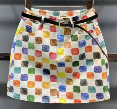 Jupe courte en denim imprimé couleurs vives, taille haute coupe droite sans ceinture | SuzzaneMarket