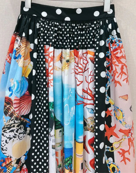 Jupe Gypsy Popeline colorée avec motifs marins et pois, longueur à la cheville, fermeture zipper | SuzzaneMarket
