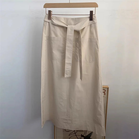 Jupe droite en popeline de coton, mi-mollet avec ceinture nouée, disponible en 2 couleurs | SuzzaneMarket