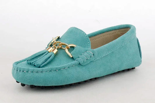 Loafers en cuir suède turquoise avec pompons et boucle dorée | SuzzaneMarket