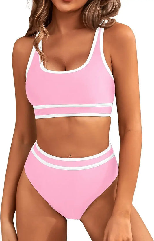 Maillot 2 pièces sport rose avec culotte haute et bande large. Confort et style dans 8 couleurs |SuzzaneMarket