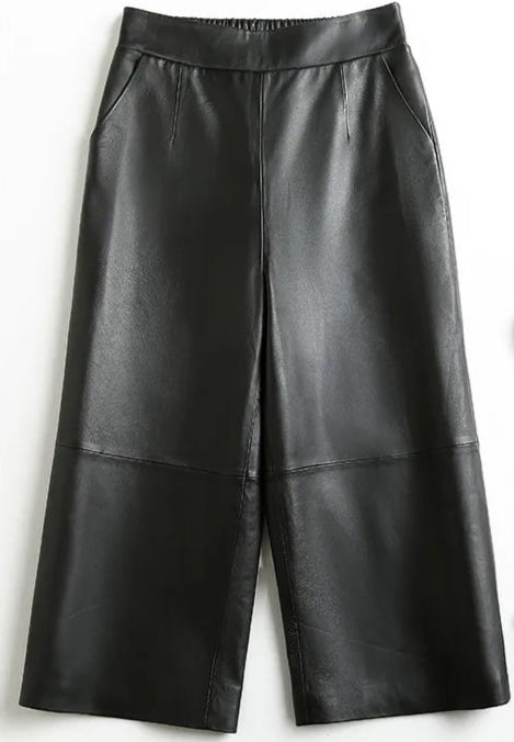 Pantalon en cuir pleine peau, coupe street jambe large, taille haute, élastiquée au dos | SuzzaneMarket