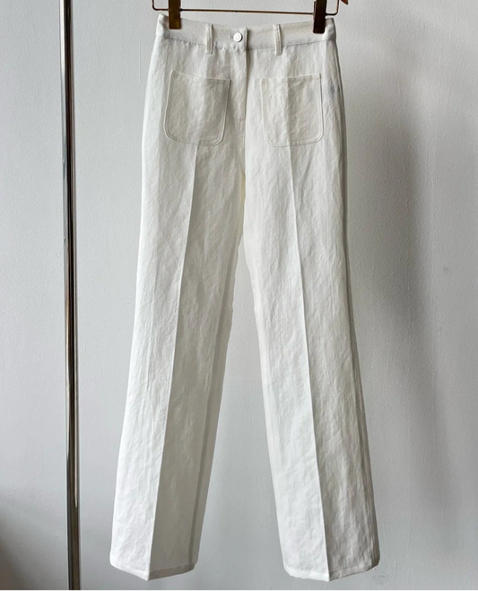 Pantalon lin classique blanc, coupe droite avec poches, fermeture zipper |SuzzaneMarket