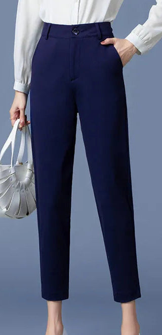 Pantalon court quotidien bleu marine, coupe droite, en coton mélangé, infroissable et indéformable |SuzzaneMarket