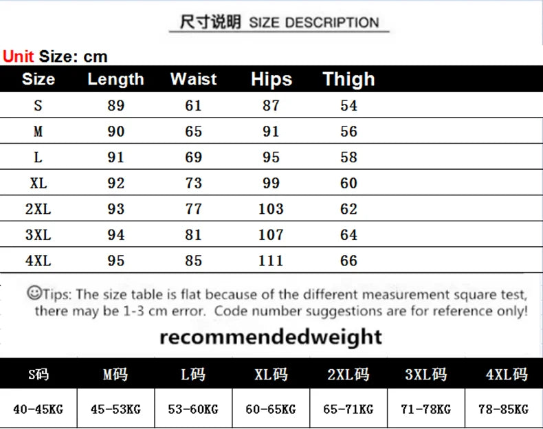 Size chart for women's pants in cm, showing lengths, waist, hips, and thigh measurements | SuzzaneMarket
