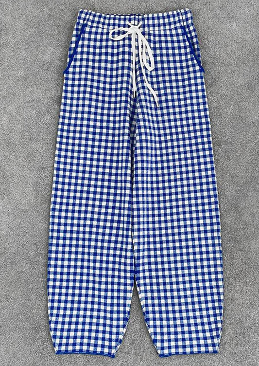 Pantalon souple mélangé en laine avec taille élastique et cordon, motif vichy bleu et blanc | SuzzaneMarket