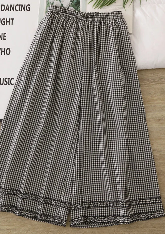 Pantalon large en coton à carreaux, taille élastique, finition festonnée, frais et agréable | SuzzaneMarket
