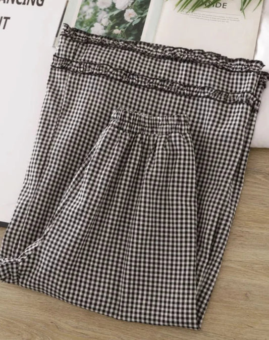 Pantalon Large Fin en coton noir et blanc à carreaux, jambes larges, taille élastique | SuzzaneMarket