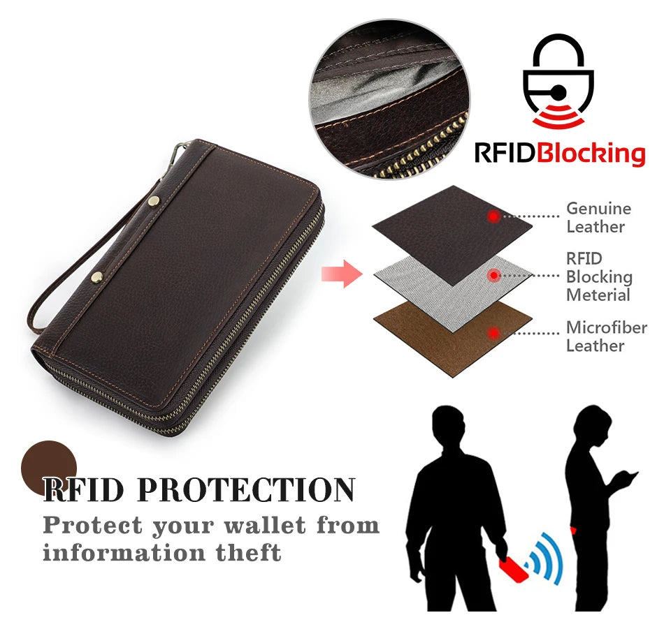 Pochette Deauville en Cuir Véritable Coffee Détails RFID Protection