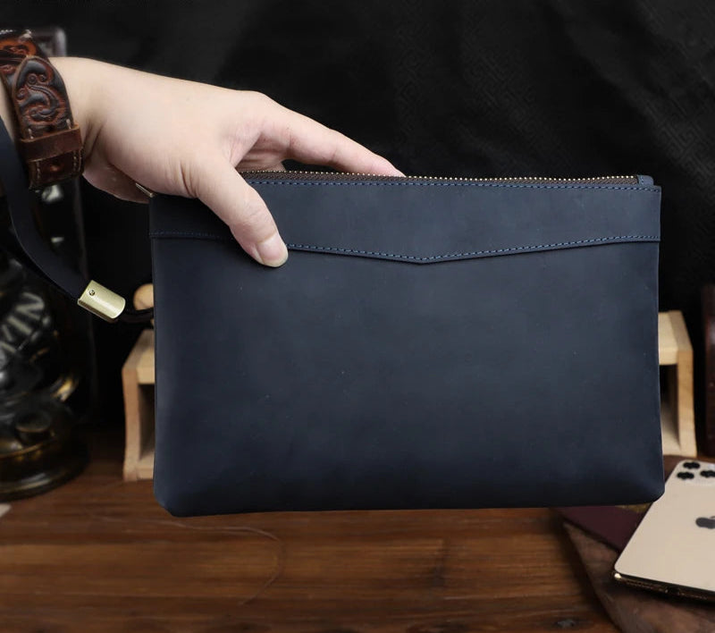 Pochette Venise en Cuir Véritable Bleu Nubuck 