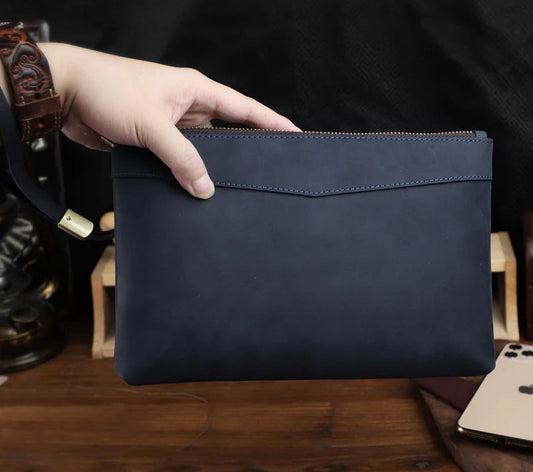 Pochette Venise en Cuir Véritable Bleu Nubuck 