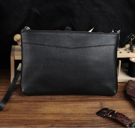 Pochette Venise en Cuir Véritable Noire Grainé