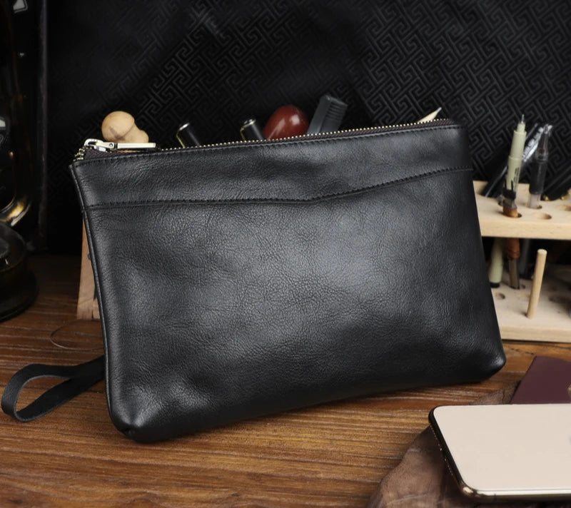 Pochette Venise en Cuir Véritable Noire Souple 