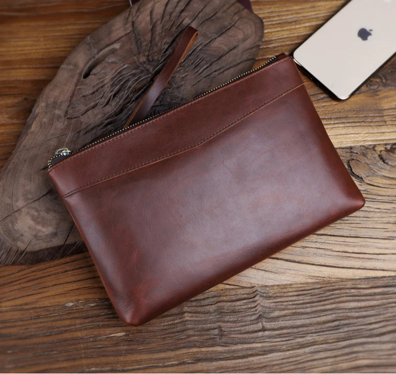 Pochette Venise en Cuir Véritable Red-Brown lisse