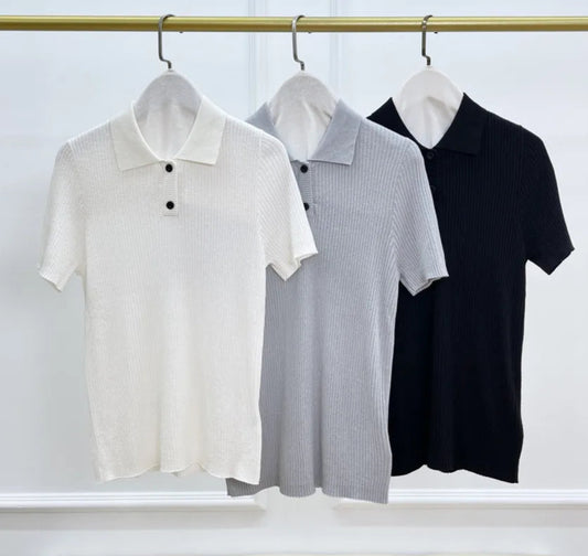 Polo KIMA en coton, laine et soie, disponible en blanc, gris et noir | SuzzaneMarket