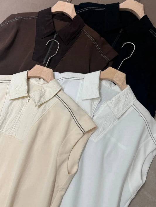 Polo Jersey Fin LITO in four colors: brown, navy, black and white, featuring a zipper and contrast collar | SuzzaneMarket