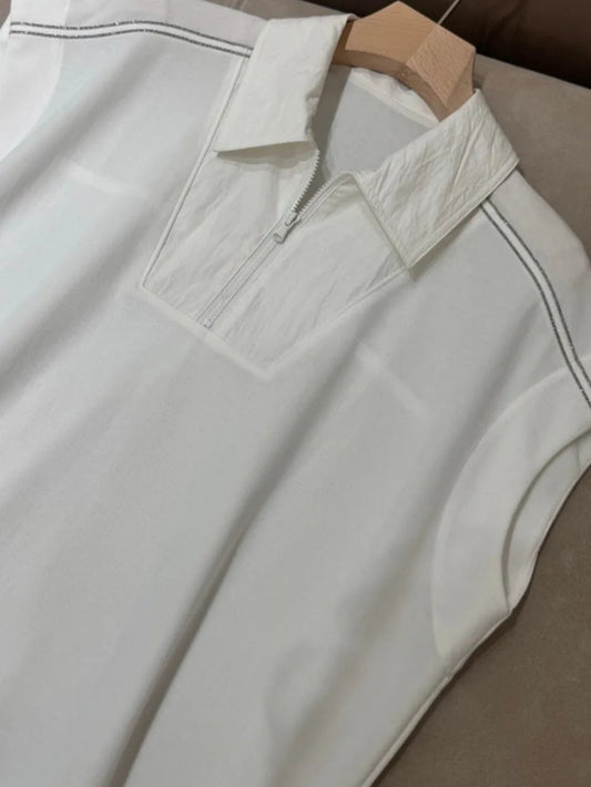 Polo jersey sans manches en coton, col zippé, coupe large, disponible en 4 couleurs | SuzzaneMarket