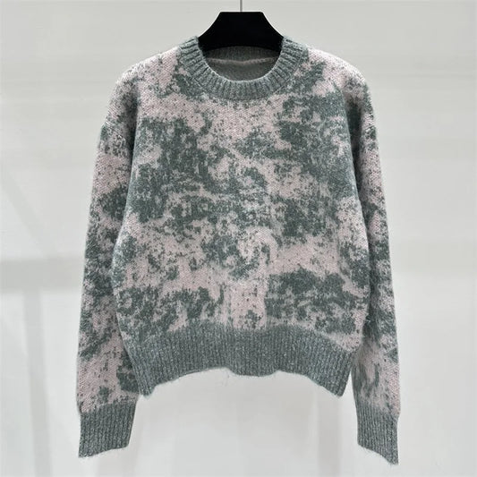 Ensemble Cardigan & Pull en laine mohair, design abstrait en verts et roses, coupe confortable |SuzzaneMarket
