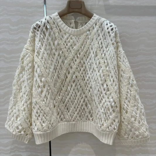 Pull tricot ajouré en cachemire blanc avec broderie sequins, coupe street large, manches raglantes | SuzzaneMarket