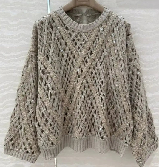 Pull tricot Cachemire ajouré beige avec broderie sequins, coupe street, loose fit | SuzzaneMarket