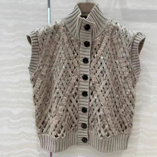 Gilet tricot cachemire avec sequins, col montant et boutons | SuzzaneMarket