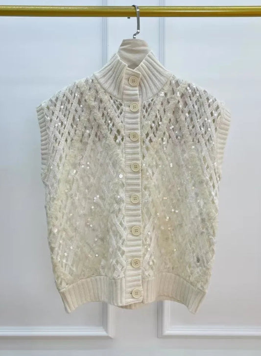 Gilet tricot cachemire brodé de sequins avec col montant, boutons élégants, style coréen | SuzzaneMarket