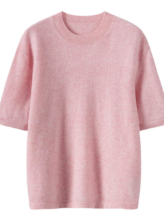 Pull cachemire printemps rose, manches courtes, col rond, coupe loose, ultra doux | SuzzaneMarket