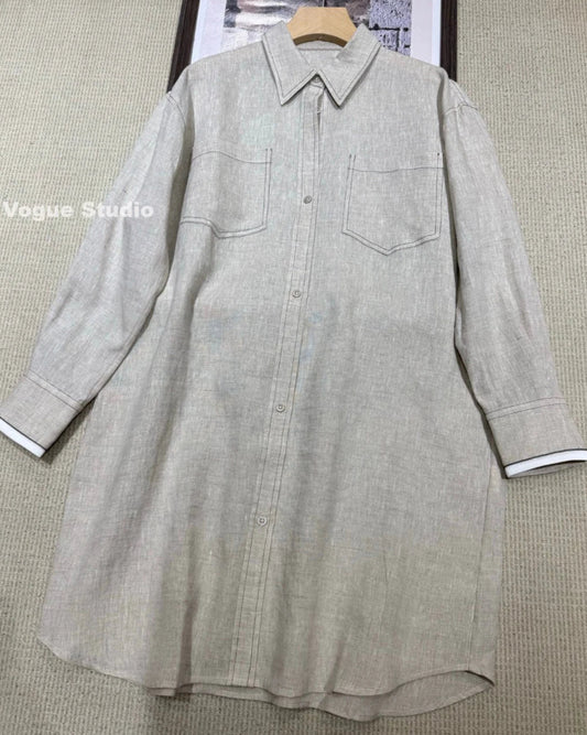 Robe chemise en lin fin, coupe ample, manches longues, longueur genou | SuzzaneMarket