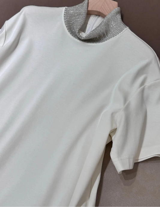 Robe T-shirt jersey DILA avec col montant en fil argenté, coupe large, manches courtes - |SuzzaneMarket