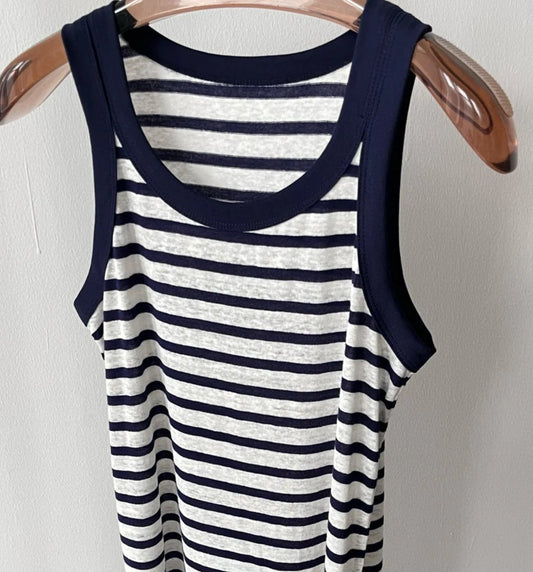 Robe débardeur tube en jersey de lin, rayures grises et bleues, coupe droite, longueur chaussures |SuzzaneMarket