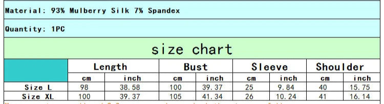 Size chart for Robe Fluide Soie Mulberry - FIONA - in L and XL with measurements in cm and inches | SuzzaneMarket.