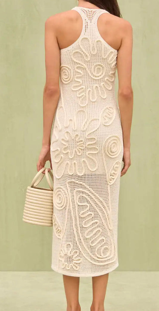 Maille Stretch Dos Nageur robe tube slim beige avec motifs arabesques | SuzzaneMarket