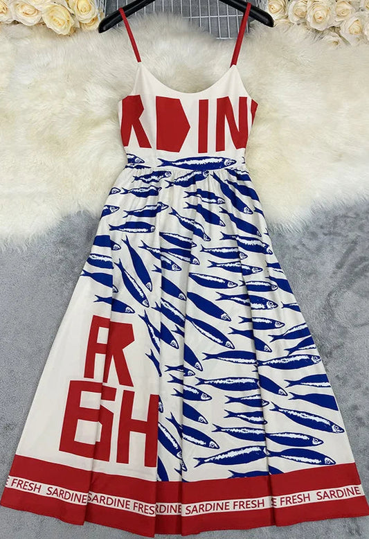Robe de plage en polyester, jupe ample, bretelles, design sardine, taille standard |SuzzaneMarket