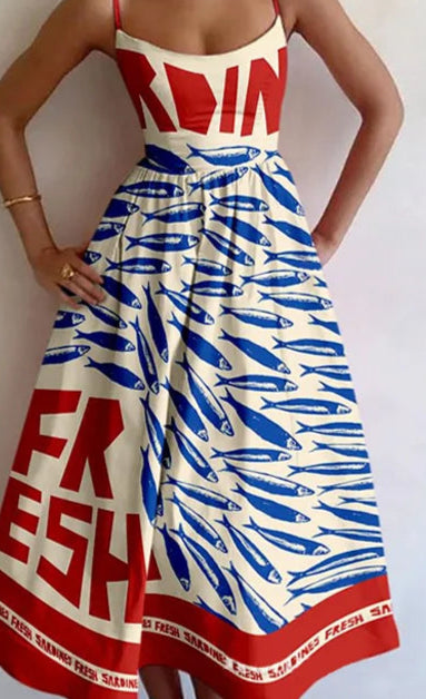 Robe de plage en polyester, haut brassière, jupe ample avec motif de poissons | SuzzaneMarket