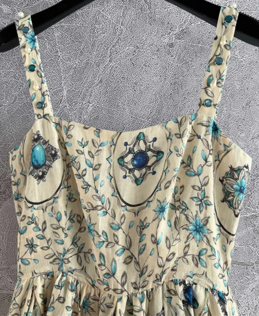 Close-up of the LINA mini robe with floral embroidery, featuring a square neckline and adjustable straps | SuzzaneMarket