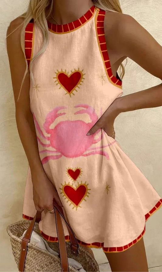 Mini-robe sans manches en lin et polyester avec motifs crabes et cœurs | SuzzaneMarket