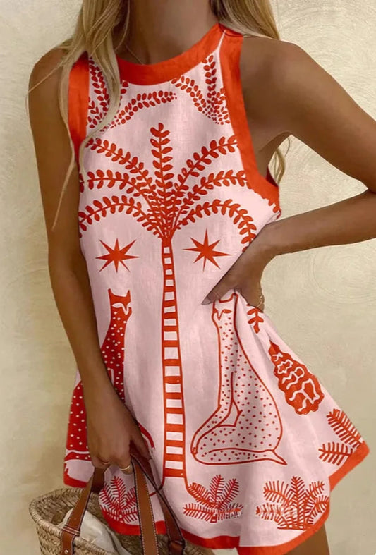Mini-robe sans manche en lin et polyester, imprimés palmiers et animaux, longueur mi-cuisse | SuzzaneMarket
