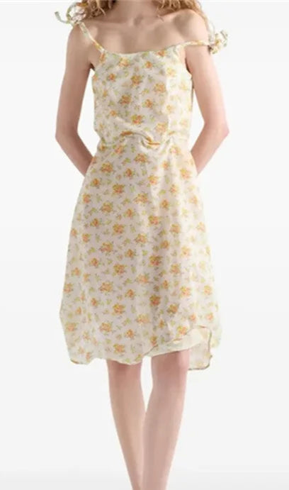 Robe en voile de coton imprimé, légère et fluide avec brides nouées, effet froissé, longueur irrégulière | SuzzaneMarket