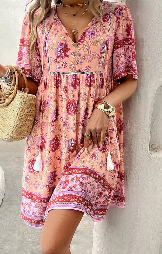 Robe légère en Rayonne de coton, courte et fleurie, col V, couleurs lumineuses | SuzzaneMarket