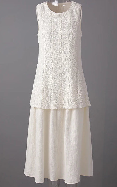 Faux 2 pièces débardeur en tulle blanc, robe longue plissée, col rond, coupe tank. | SuzzaneMarket