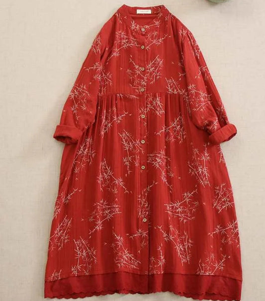 Robe Japonaise Mori SAYA en rouge, ample avec motifs floraux, manches longues, col rond | SuzzaneMarket