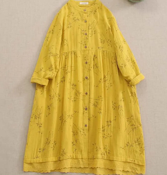 Robe Japonaise Mori SAYA en jaune avec motifs, manches longues, jupon festonné, confort 100% coton | SuzzaneMarket