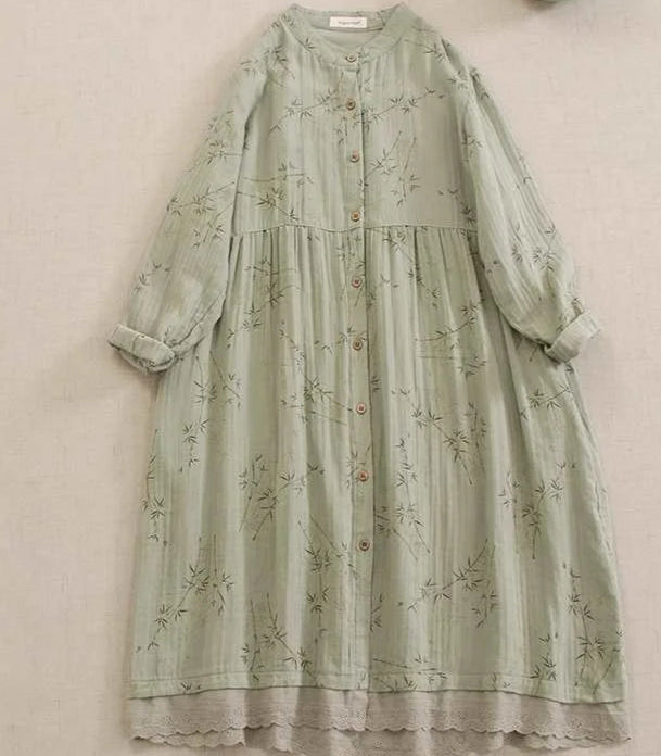 Robe japonaise Mori SAYA en vert clair avec motifs floraux, manches longues et jupon festonné | SuzzaneMarket.