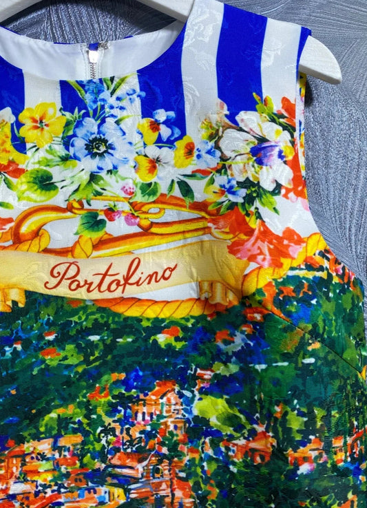 Close-up of Robe Méditerranée - SILA - featuring colorful patchwork print and floral design with 'Portofino' detail.