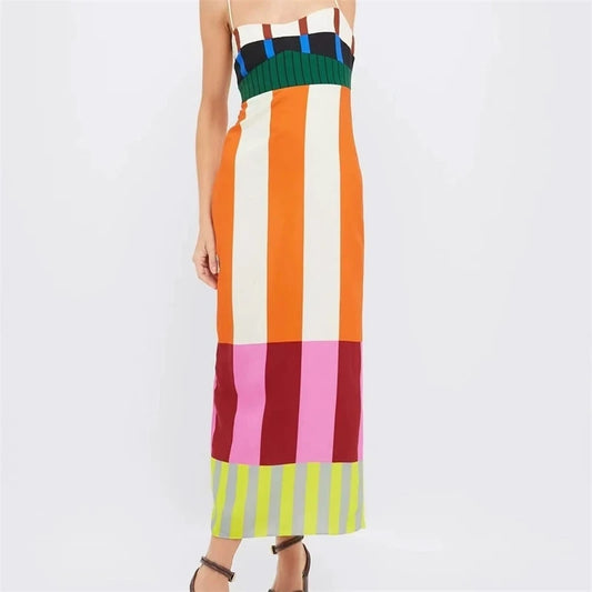 Robe Rayures en polyester avec stretch, coupe slim, fines bretelles, fermeture dos, longueur chevilles | SuzzaneMarket