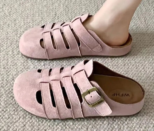 Sabots Cuir Suède rose avec brides et boucle, semelle intérieure confortable | SuzzaneMarket