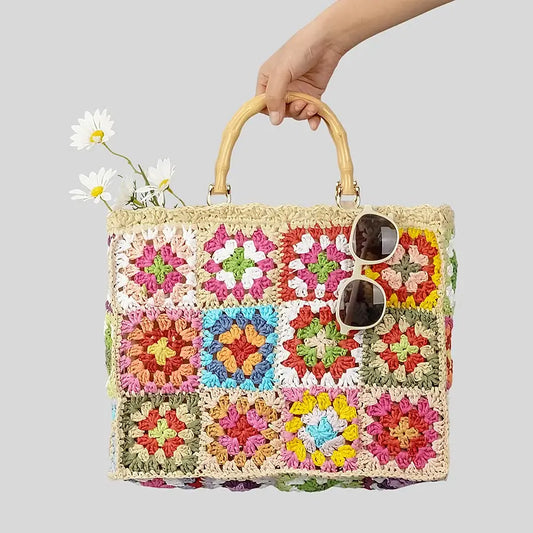 Sac Patchwork Paille BONNI, tressé avec poignées rigides et poches intérieures | SuzzaneMarket.