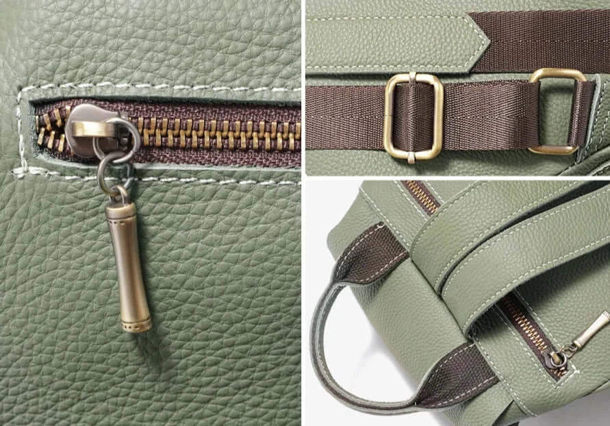 Détails du sac à dos en cuir grainé CAMPER : fermeture éclair, sangle et poignées. Disponible chez Suzzanemarket.